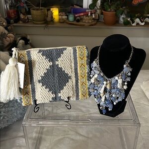 Jen & Co Handcrafted Blue/Beige Pouch with Blue Glass Beaded Silver Necklace NWT